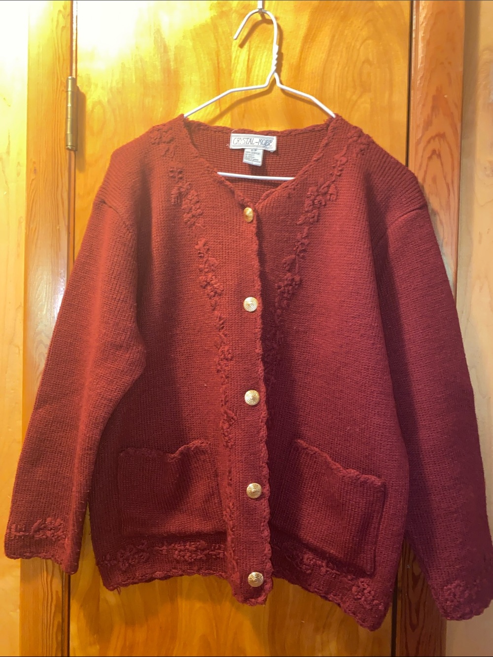 Vintage-Inspired Wine Red Button-Front Knit Cardigan with Pockets